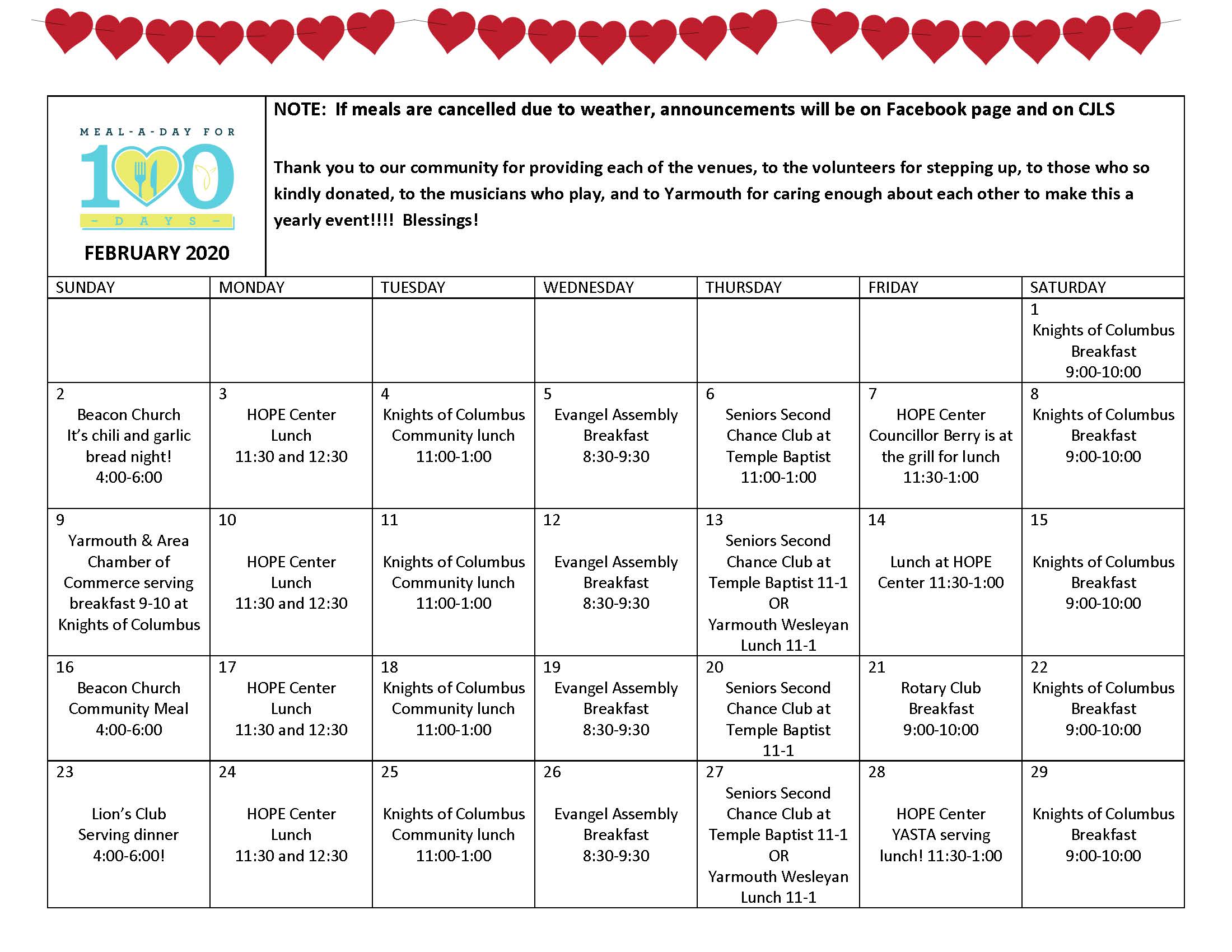Calendar 100 Meals February 2020