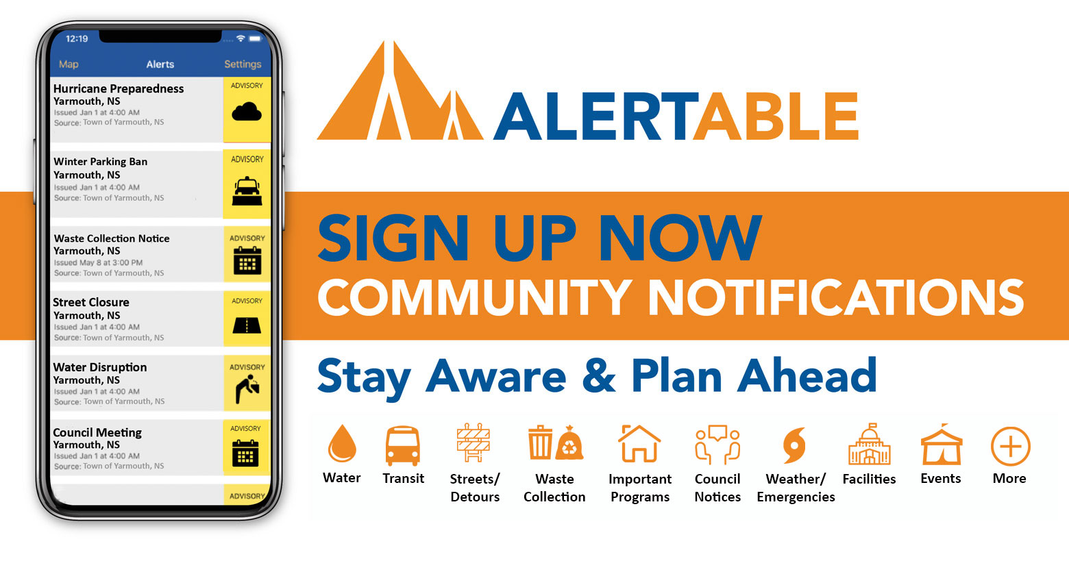 ALERTABLE - Sign Up Now - Community Notifications. Flood | School | Water | Pandemic | Facility | Service | Road | More